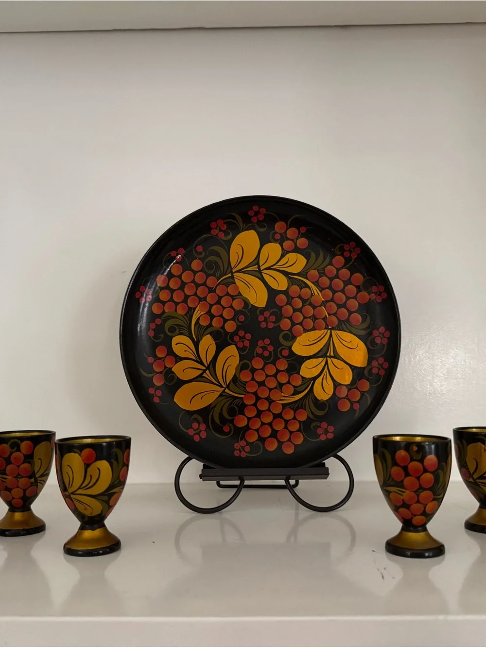 Vintage 7-Piece Russian Khokhloma Lacquerware Set.